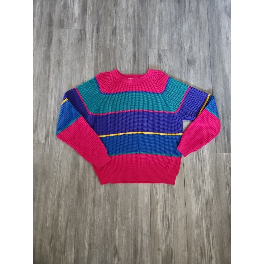 VINTAGE Bright Sweater Large Womans Classic Fashions Stripped Knit Cozy